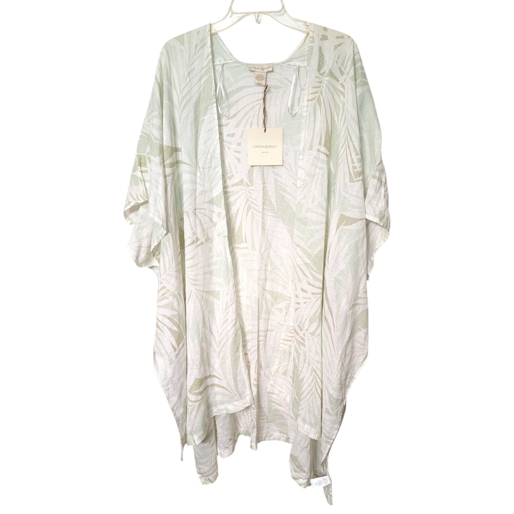 Cynthia Rowley Kimono Wrap Green White Tropical Palm Linen Blend Cover Up OS NWT